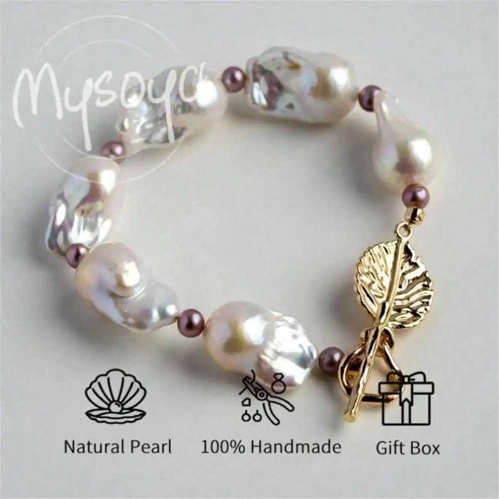 

MYSOYA White Baroque Freshwater Pearl Bracelet 11-14mm Pearls Gift Box June Birthstone Gift Wedding Gift Anniversary Gift