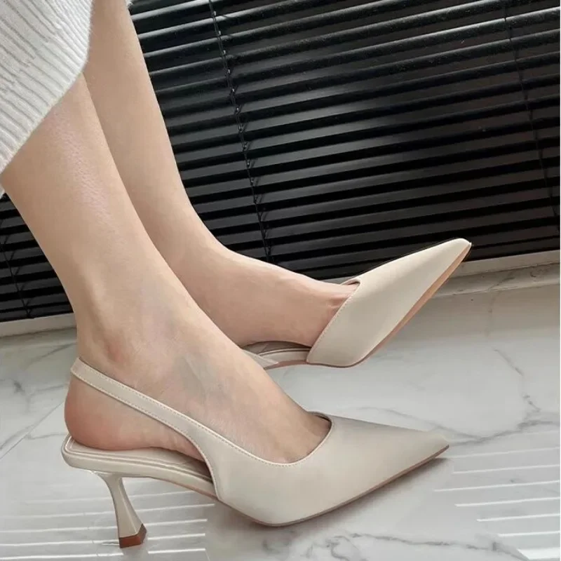 Women Summer Shoes 2023 New Fashion Pointed Toe Stiletto Medium Heel High Heels Women Back Empty Toe Sandals Green Women\'s Shoes