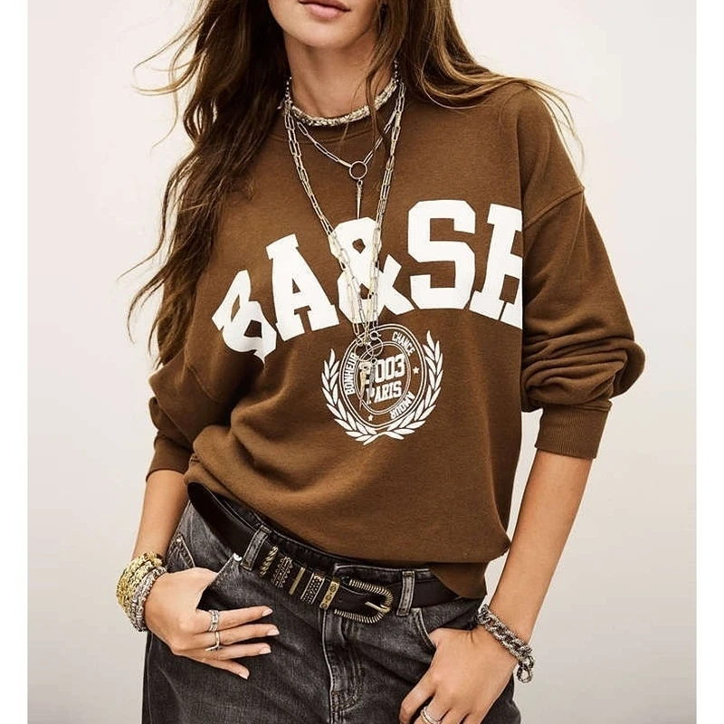 المرأة رقيقة جولة الرقبة البلوز الرجعية إلكتروني مطبوعة فضفاضة تناسب البلوز الخريف عارضة الشارع للنساء والمراهقين دافئ خمر #6