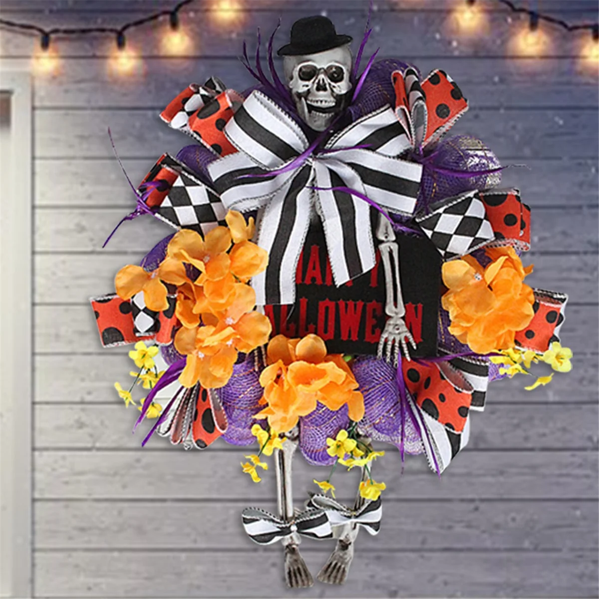 Halloween Wreath for Front Door,Halloween Mesh Wreath,Pumkin &Human Skeleton with Legs,Fun Halloween Porch Decor