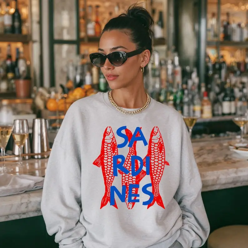 Bluza z grafiką sardynki Modna bluza z nadrukiem rybki w puszkach Klubowa bluza estetyczna Koszulka z anchoisami Jesienno-zimowy strój damski z długim rękawem