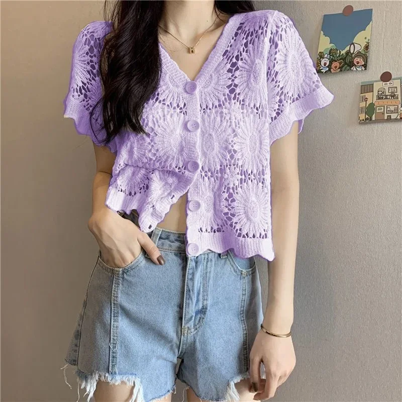 Summer 2023 Women\'s v Neck Cardigan Short Sleeve Shawl Top Vintage Clothes for Women Tops Shirts Blouses