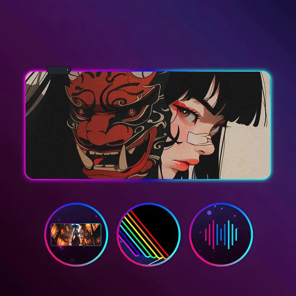 

Oni Japan Mask Girl Mouse Pad RGB Luminous 900X400mm Large Table Mat Non-slip Extra Large Game Office Mouse Pad