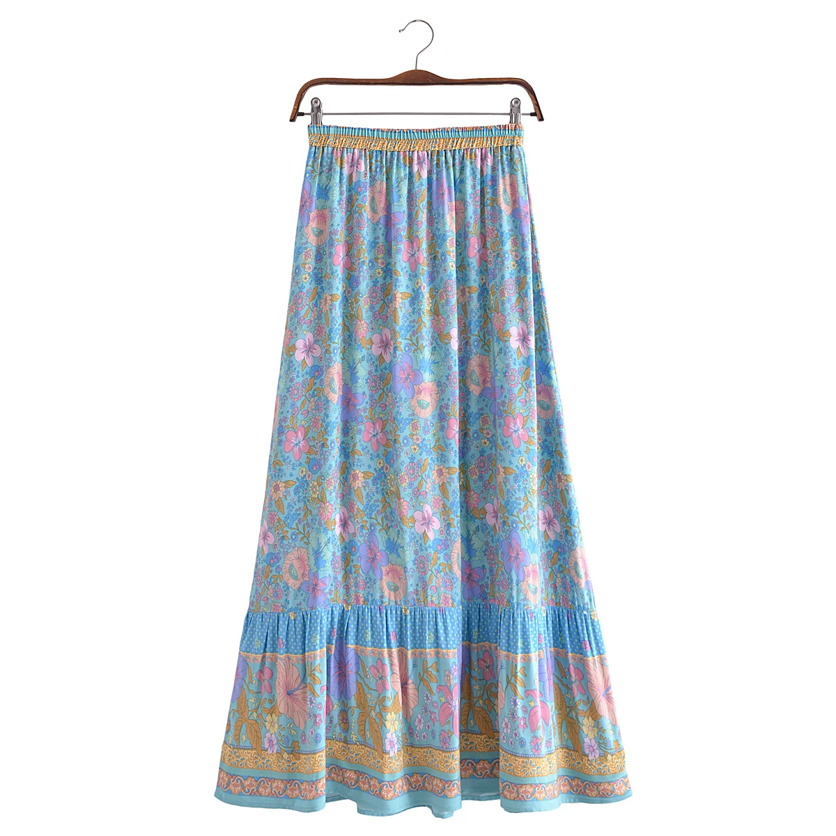 BOHO Blue With Pink Small Flower Print Long Skirt Spliced Ruched Ruffle Hem Women Ball Tassel Bow Waist Swing Skirt Holiday