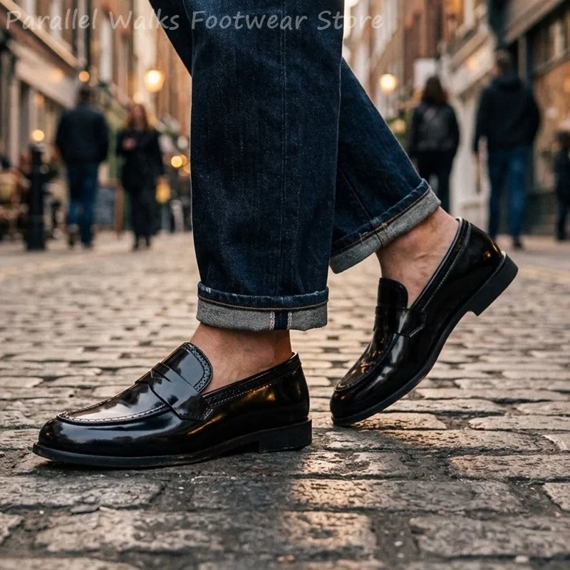 Men's Patent Penny Loafers Slip On Moc Toe Glossy Tuxedo Wedding Dress Shoes Business Formal Flats Footwear For Daily Commute