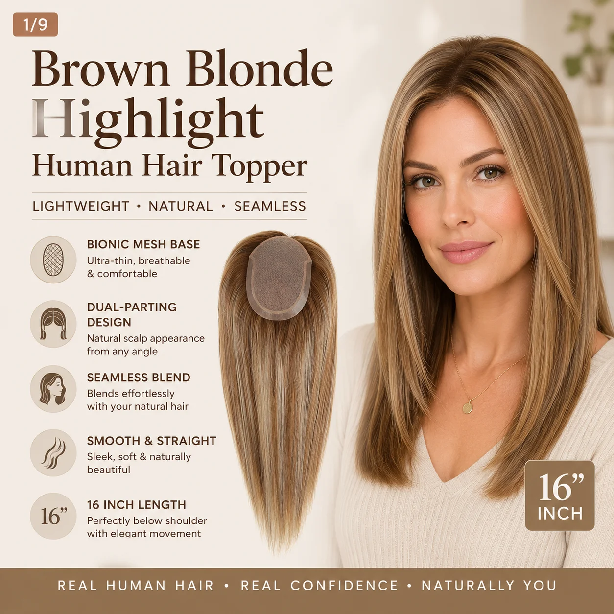 

TUW24 Silk Base 100% Virgin Human Hair Topper for Women Natural Look Hairpiece to Combat Thinning Hair Hair Piece for Loss Women
