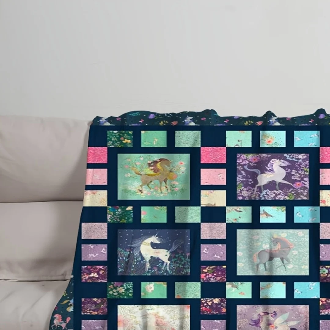 Koc pluszowy z wzorem jednorożca, koc z nadrukiem plemiennym w stylu południowo-zachodnim – wytrzymała tkanina odporna na mechacenie