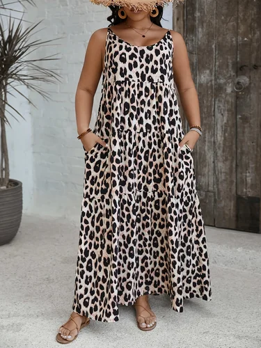 2025 nuevo vestido largo de verano elegante informal con volantes y estampado de leopardo para mujer de talla grande para vacaciones