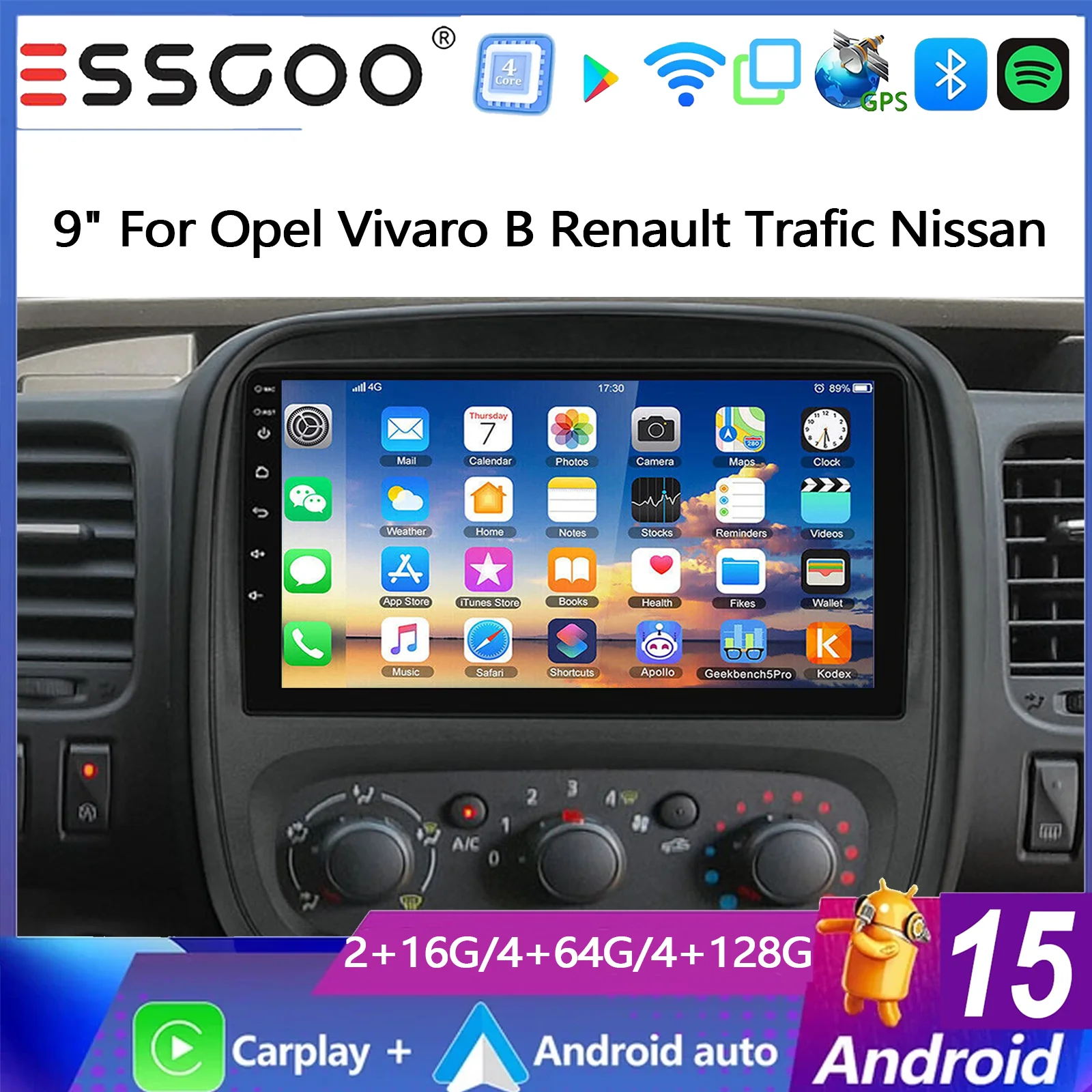 Image of ESSGOO 9-Zoll Android 15 4+64G Autoradio für Opel Vauxhall Vivaro B Renault Trafic NV300 GPS-Navigation BT Wireless Carplay Android Auto BT WiFi FM Mirror Link IPS Touchscreen Multimedia-Videoplayer