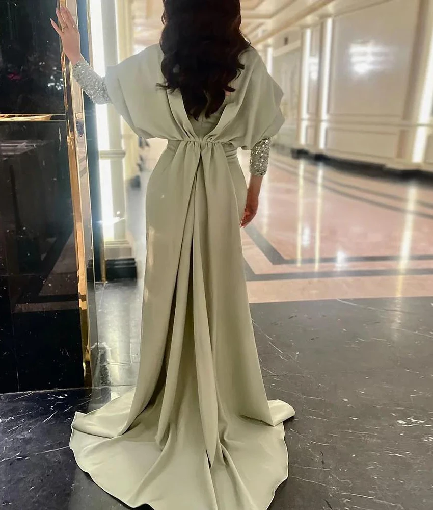 カスタマイズされた優雅なジャージーマーメイドクリスタルスパンコールイブニングドレス繊細な長袖Vネックフロアレングスホームカミングドレス