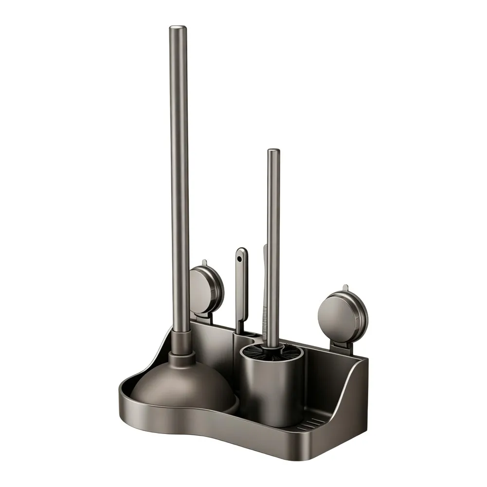 Wall Mounted Suction Cup Toilet Brush Holder with Ventilated Storage Design Includes Brush Crevice Brush and Hair Clip Tools