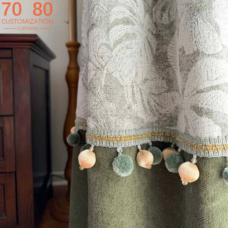American Retro Grey Green Palm Leaf Thickened Chenille Jacquard Blackout Curtains for Living Room Bedroom Partition Curtains
