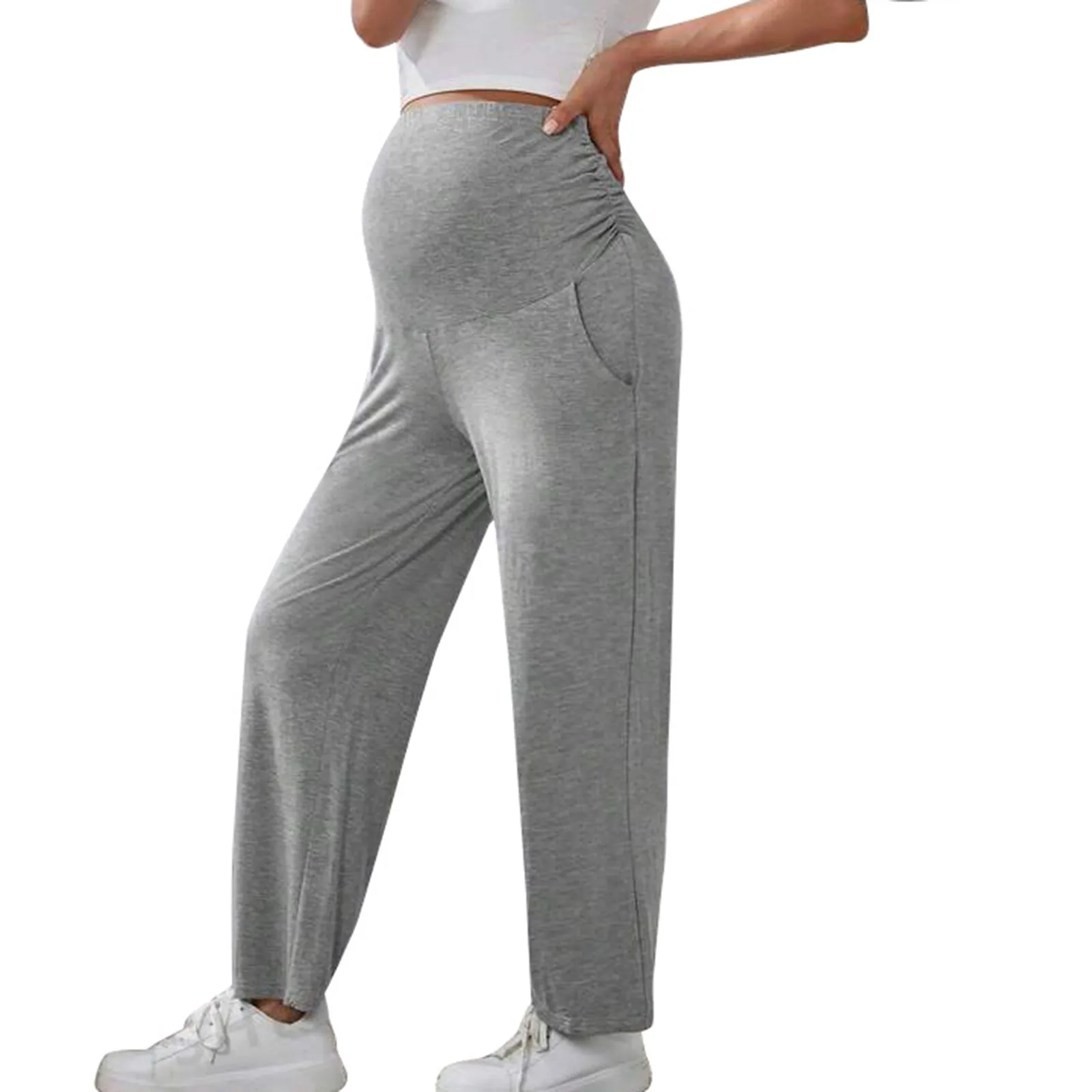 Women's Solid Color Maternity Pants Comfortable Straight High Waist Trousers Versatile Full Length Casual Pants Large Size