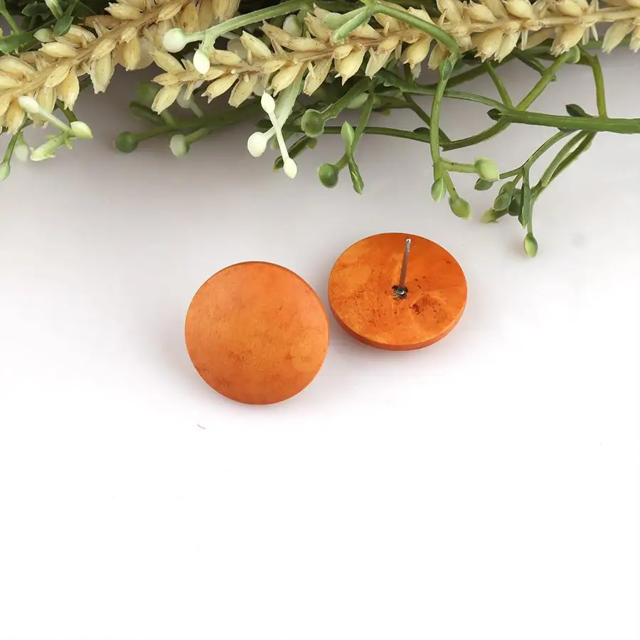 1 set of 2cm round solid wood ear studs in mixed colors, retro wood earrings, Bohemian minimalist style, wooden ear stud jewelry, fashionable women's earrings gift