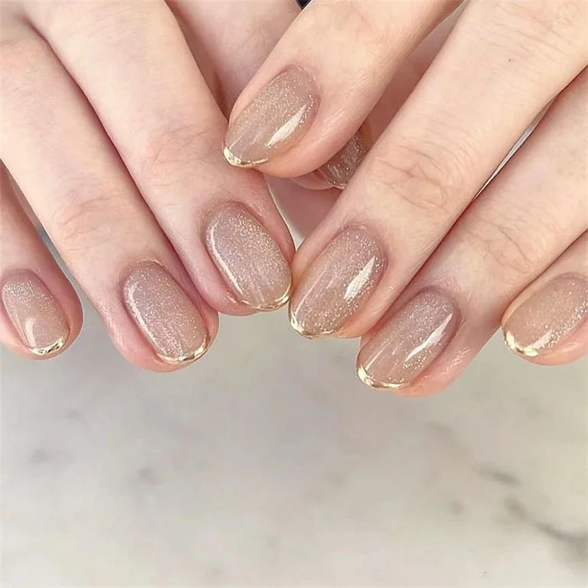 24p/set Short Flat False Nails French Gold Edge Glossy Nude Pink Fake Nail Art Tips Artificial Acrylic Press on Nails Removable