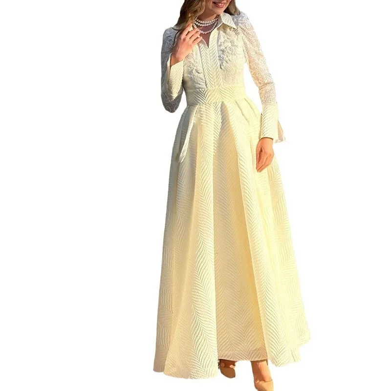 

2025 New White Front Chest Bead Flower Bud Silk Yarn French Long Sleeve Fashionable Slimming Dress