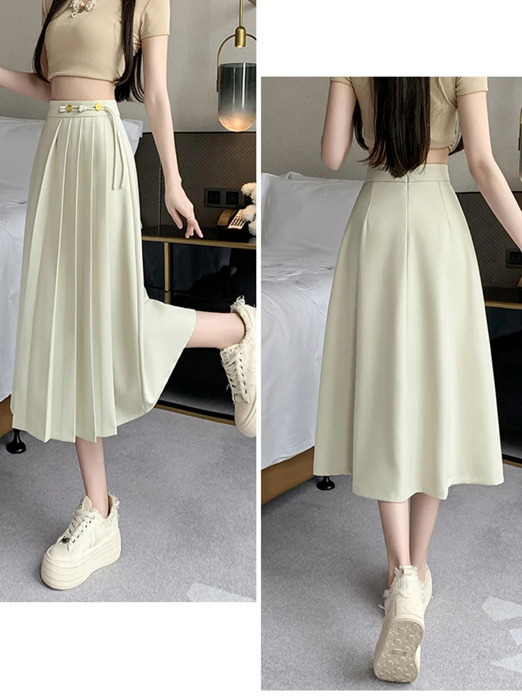 أنيقة البيج الأسود مطوي تنورة امرأة الربيع الصيف عالية الخصر خمر مكتب ارتداء دعوى التنانير الطويلة القوس ضمادة Falda Plisada