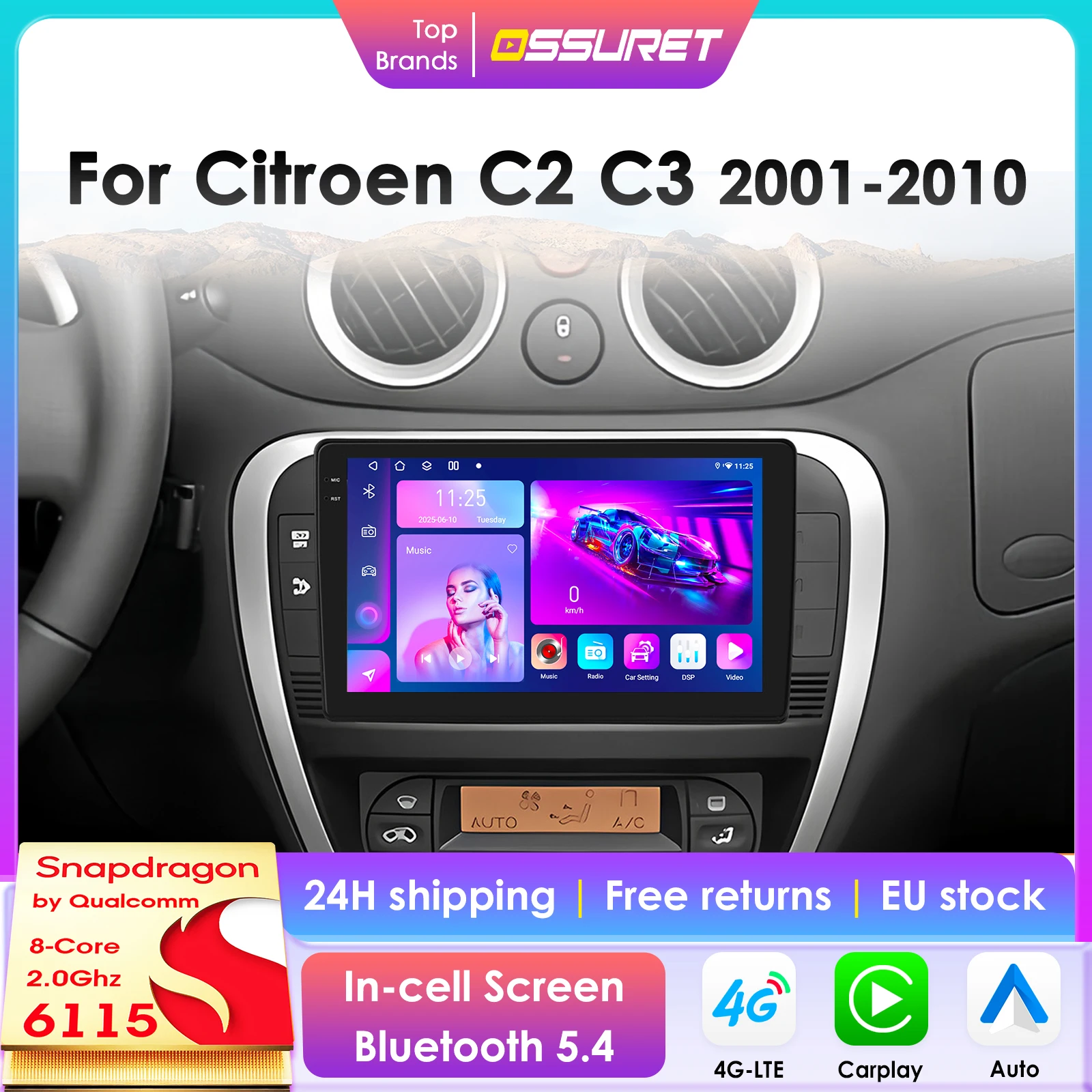 Android 14 Qualcomm 8Core autoradio multimédia pour citroën C2 C3 2001 2002-2010 sans fil CarPlay Android Auto 4G BT5.4 GPS DSP
