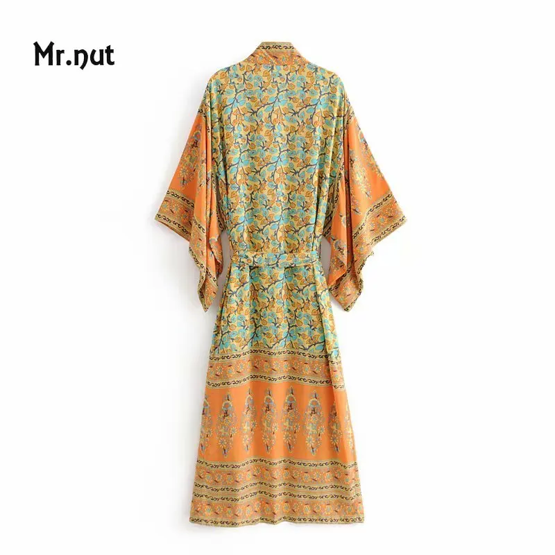 Mr. Nut New European and American Style Women Clothing with Lace Up Printing and Ankle Kimono Style Long Robe in Yellow