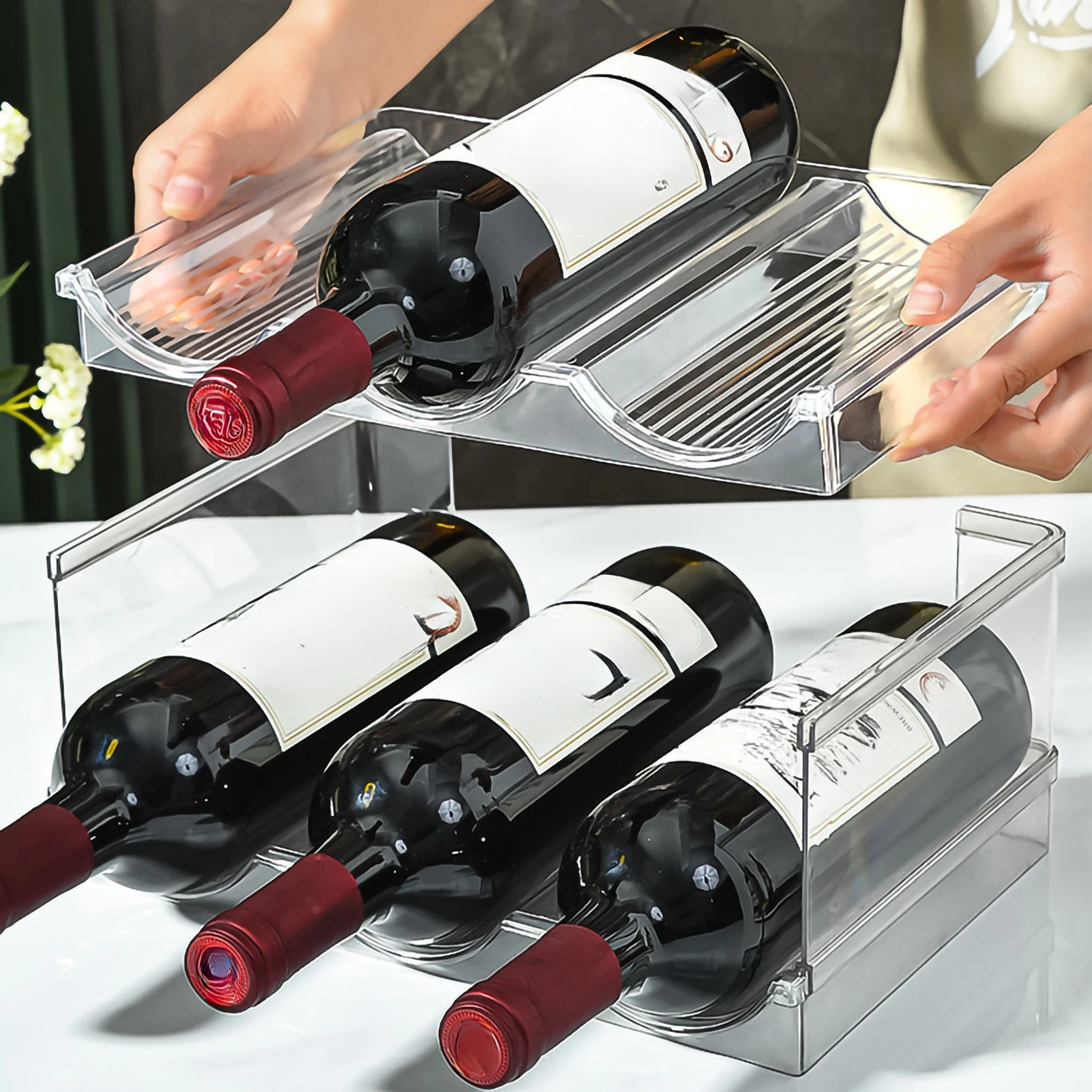 2/3/4 Layer Water Bottle Clear Storage Rack Stackable Wine Bottle Holder Cup Organizer for Kitchen Cabinet Countertop Fridge