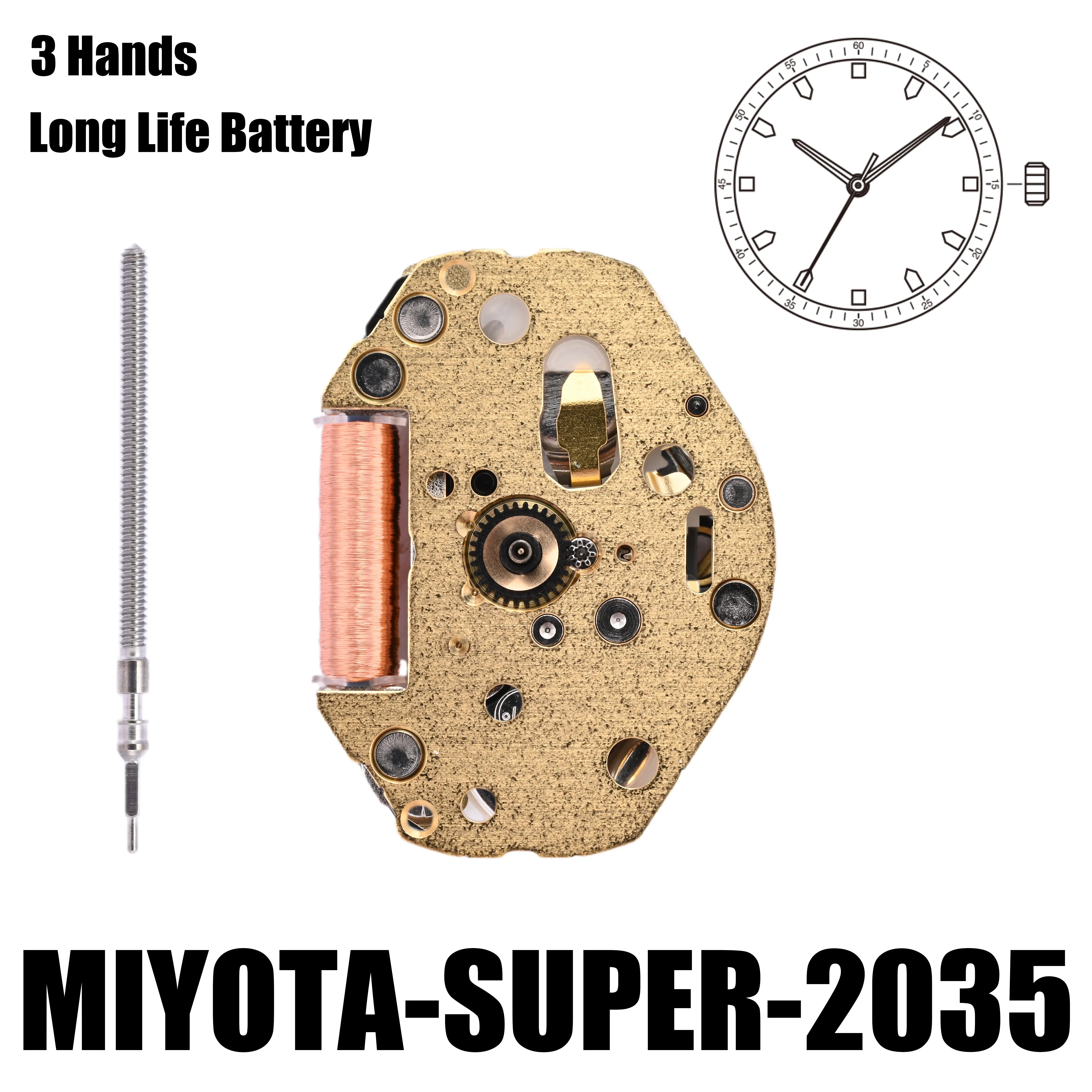 2035 Movement Miyota Super2035 Movement Gilt 3 Hands Size:6 3/4×8\'\'\'Heigh:3.15mm-YOUR ENGINE- Metal Movement Made In Japan.