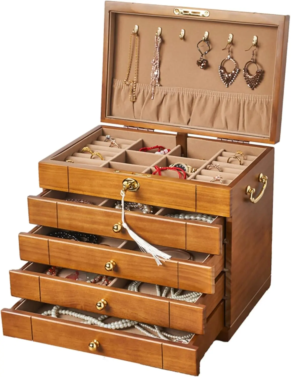 

Деревянная шкатулка для украшений с замком, органайзер для ожерелий, колец, часов, светло-коричневого цвета