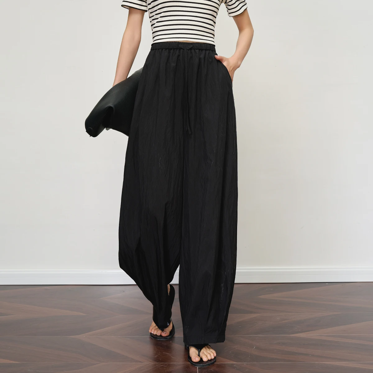 

Женские черные широкие брюки-фонарики OLrain, повседневные свободные брюки на шнурке, летние легкие уличные брюки-багги O57XK99685