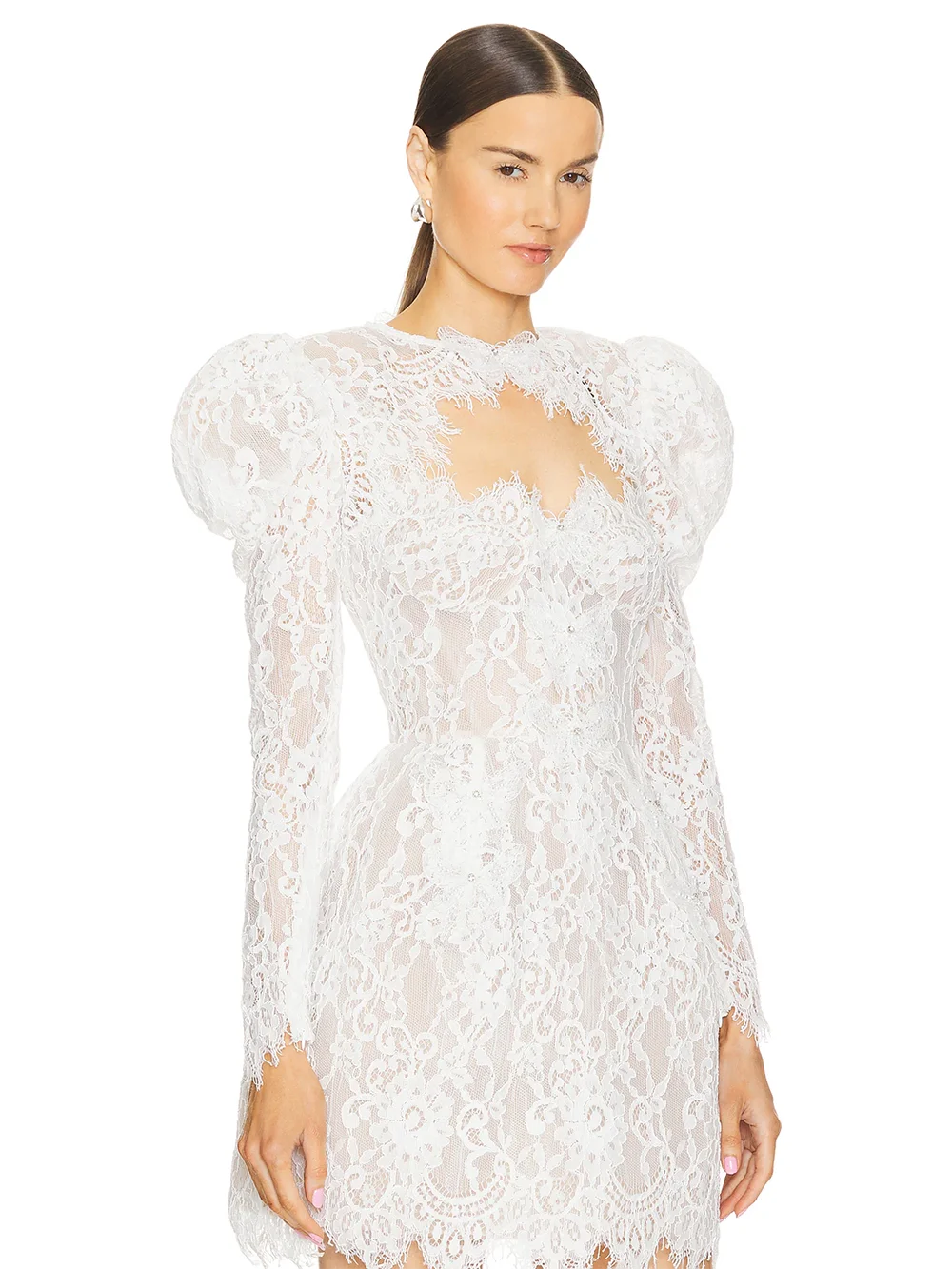 Modphy Women Transparent Lace Floral Tight Mini Dress Luxury 2024 White Fashion Sexy Long Sleeves Birthday Party Elegant Gowns