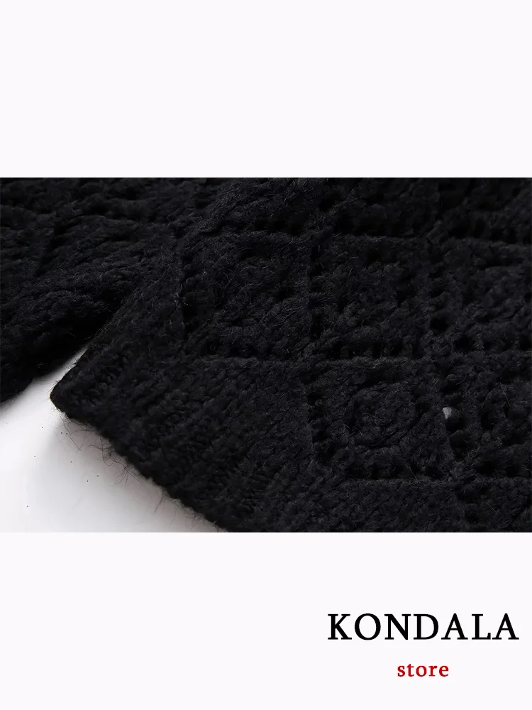 KONDALA Vintage Casual Women Sweater Solid Long Sleeve Knitted Sweater Fashion 2023 Autumn Hollow Out Pullovers Elegant Tops