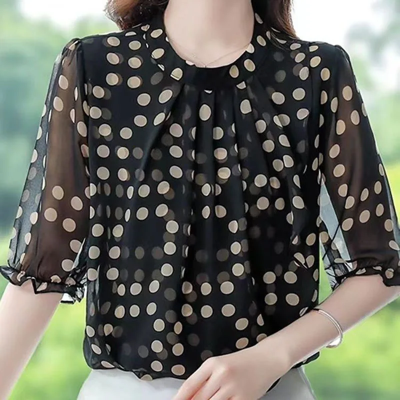 Women's Clothing Fashion Commute Round Neck Polka Dot Chiffon Shirt Summer New Casual Korean Spliced Half Sleeve Blouse Female