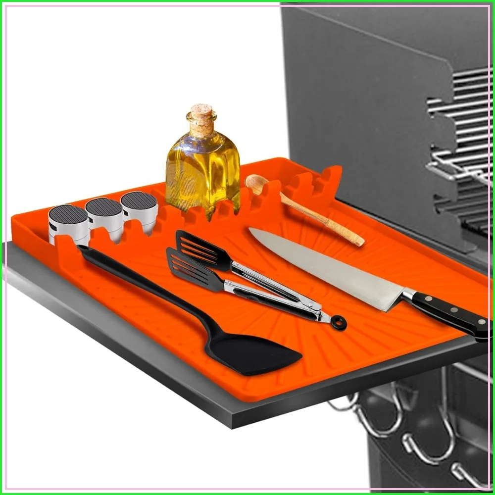 

Large Silicone Grill Mat with Drip Pad, Heat Resistant Spatula Holder for Blackstone Side Shelf & Outdoor Kitchen Countertop, Reusable Griddle Accessories