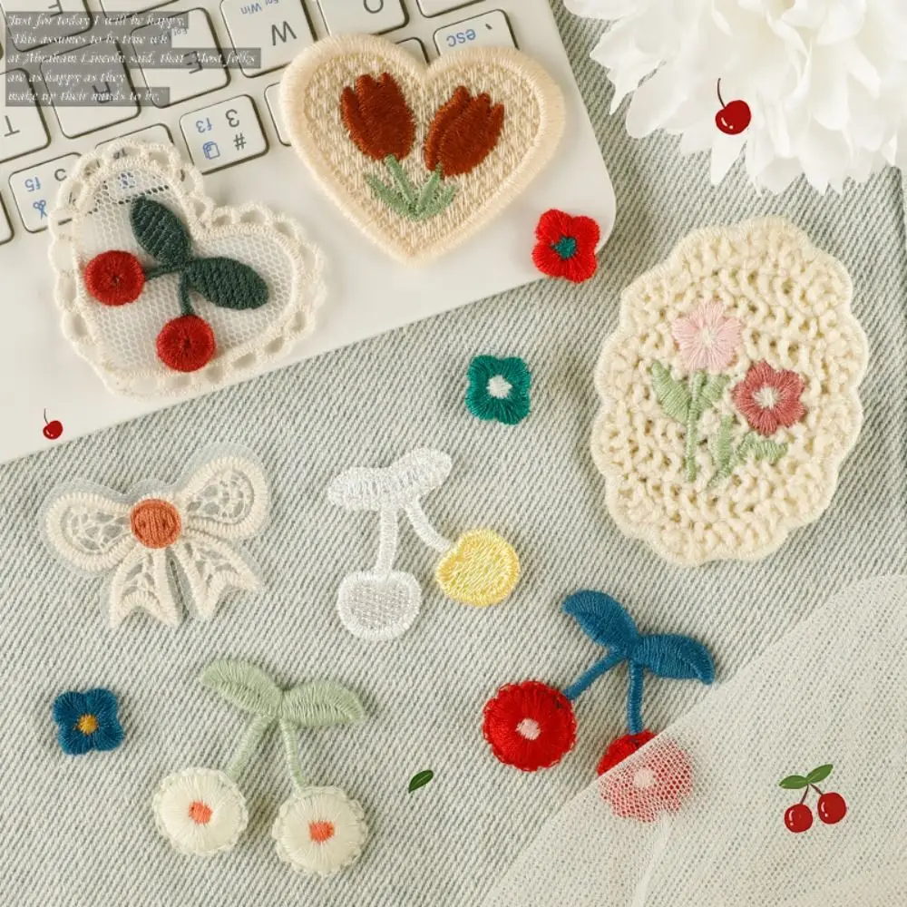 Cherry Flower Patch bordir, aksesori lencana pakaian Sew-on DIY Applique Patch kain bordir multifungsi