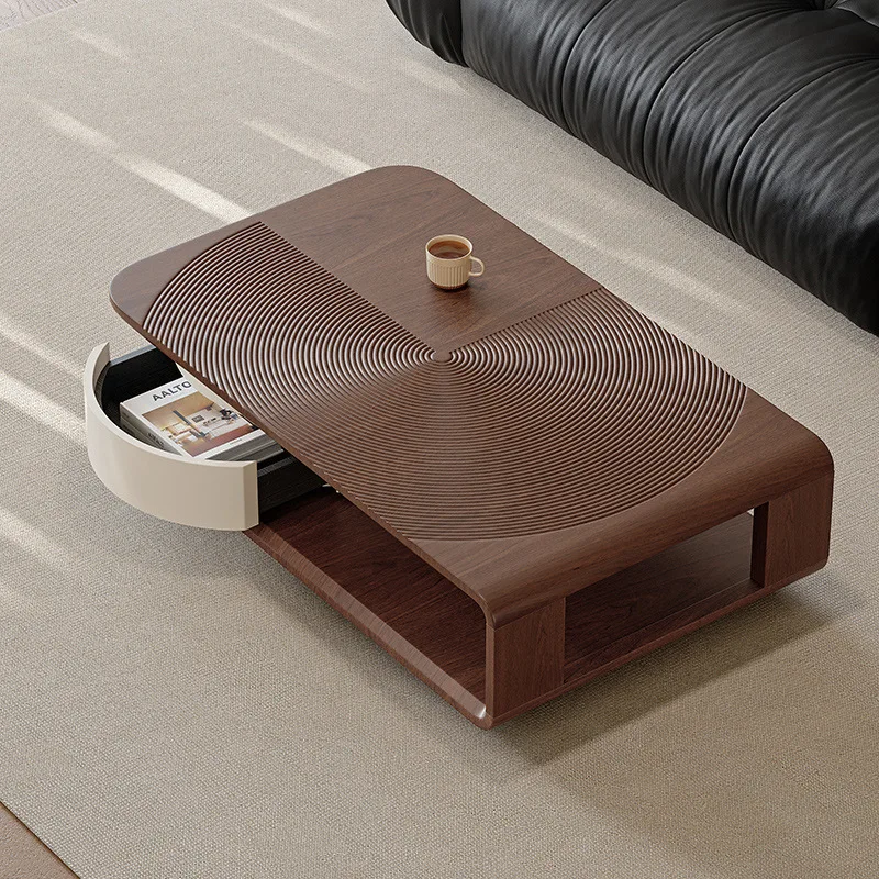 

Simple modern rotatable coffee table living room drawer storage designer natural walnut leather high-end tea table