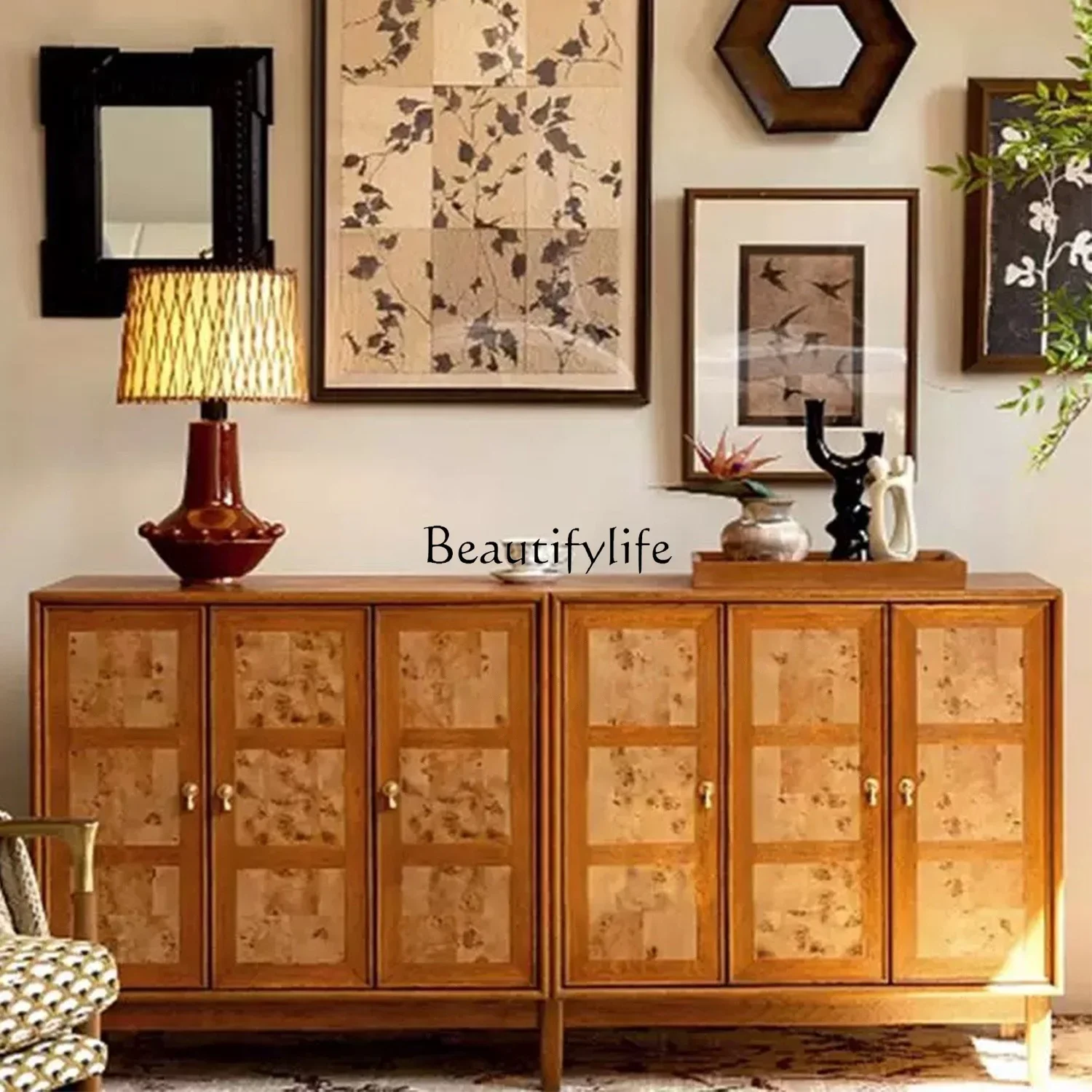 

yj19 French Retro Sideboard Vintage French Tree Bark Leather Antique Solid Wood Walnut Color Storage Floor Cabinet