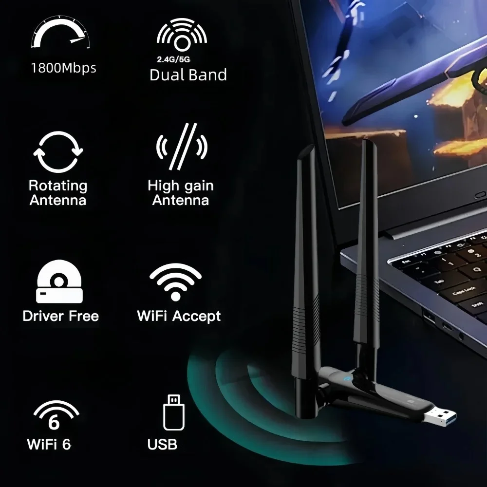 WiFi6 USB محول لاسلكي 1800Mbps ثنائي النطاق 2.4G/5 جيجا هرتز 802.11AX واي فاي دونغل بطاقة الشبكة لأجهزة الكمبيوتر المحمول/الكمبيوتر ويندوز 10/11