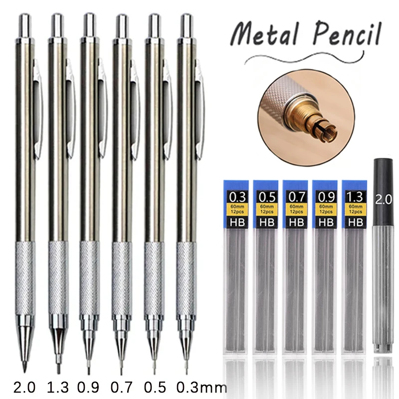 

Metal Mechanical Pencil 0.3 0.5 0.7 0.9 1.3 2.0 mm Drawing Automatic HB Pencil Set with Leads Office School Writing Art Supplies