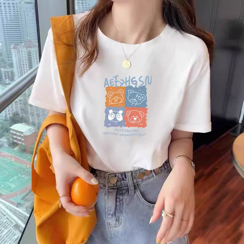 

2025 new explosions cotton short-sleeved T-shirt ladies summer casual fashion cute four bears printed short sleeves.