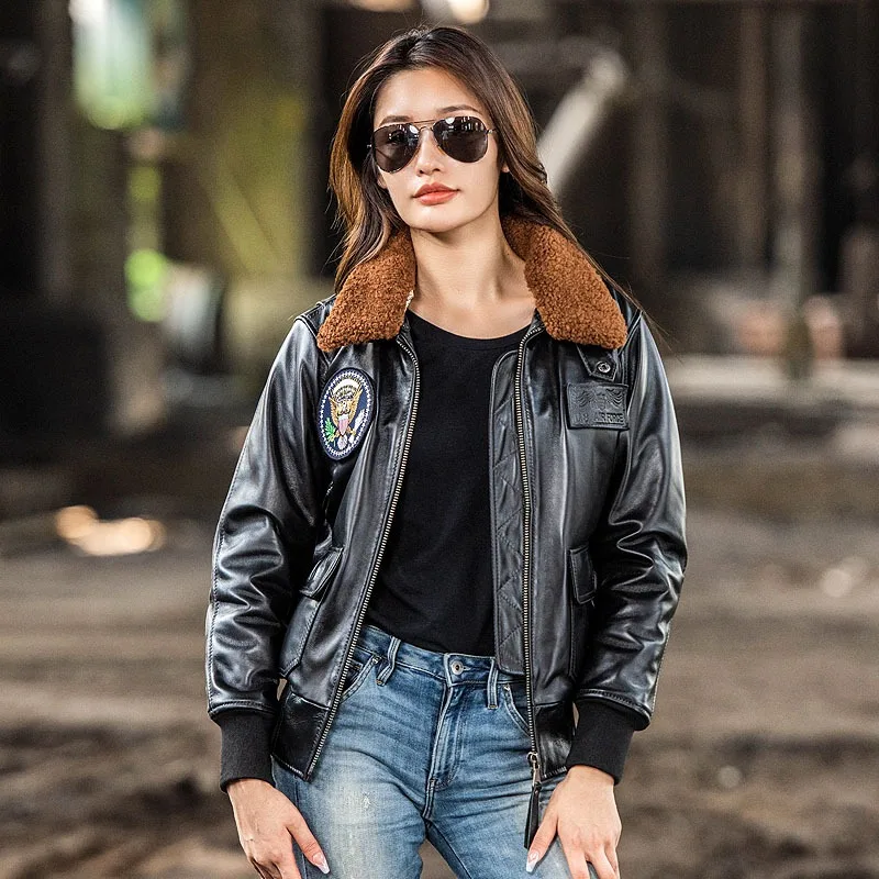 2024 New Women Genuine Leather Sheepskin G1 Air Force Pilot Jacket 5 picec  Velcro Insignia Jacket Wool Collar CLIP Cotton Coats