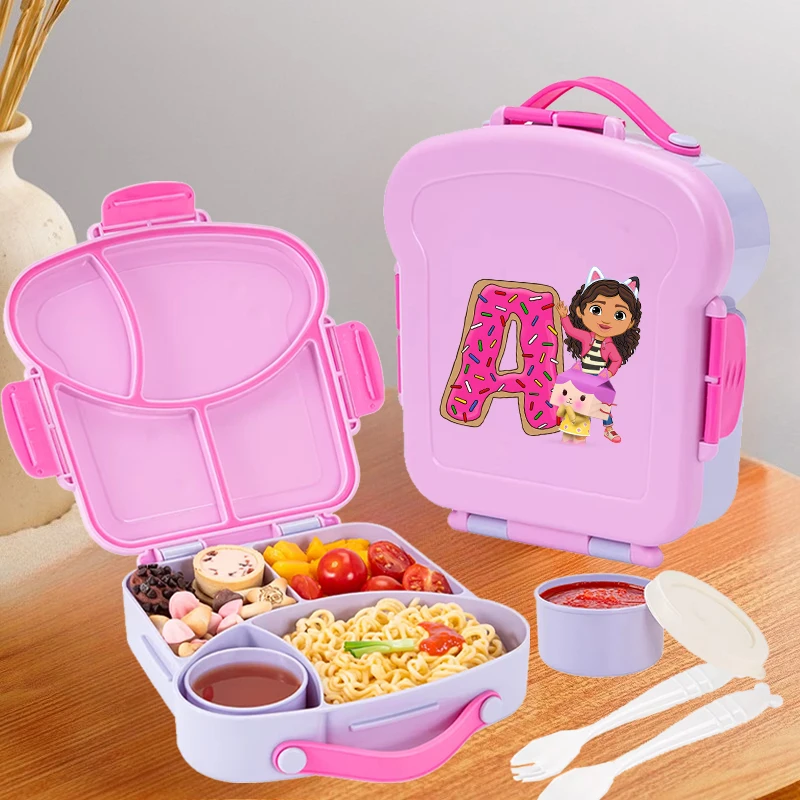 Gabby Dollhouses Lunch Box with Spoon Fork Sauce Case Girls Anime Letter School Picnic Bento Food Storage Containers Kids Gift
