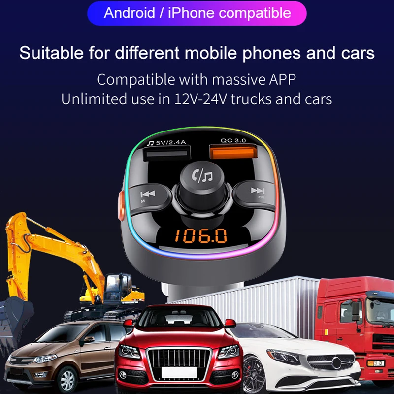 블루투스 호환 5.0 FM 송신기 무선 핸즈프리 자동차 MP3 플레이어 차량용 키트 FM 변조기 듀얼 USB 충전기 RGB 라이트