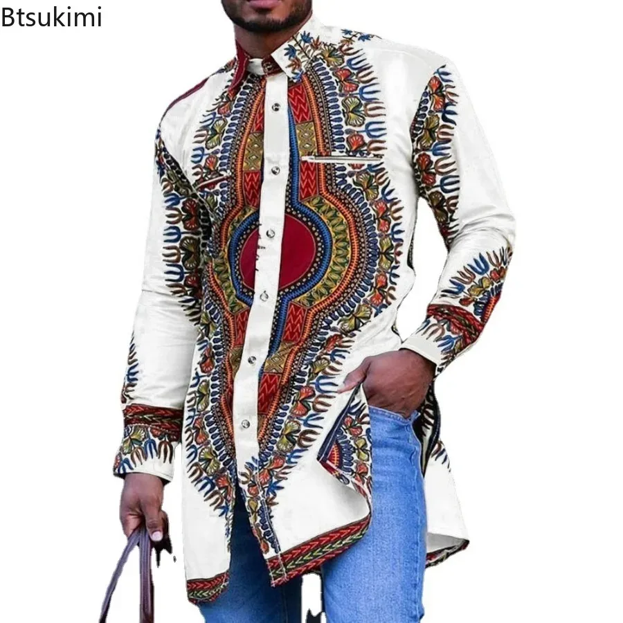 2025 New in African Clothing Men's Mid-length Shirts Ethnic Style Printing Color Matching Fashion Casual Long Sleeve Top Blouses