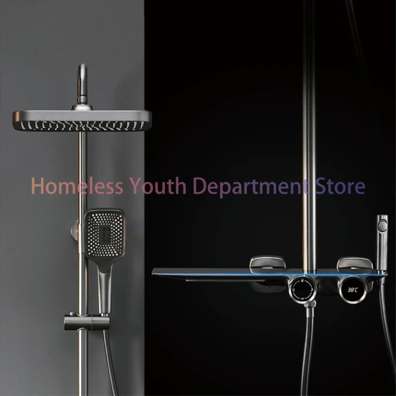 Luxury gun gray brass bathroom shower system  digital display design waterfall water outlet cold & hot dual control shower Tap