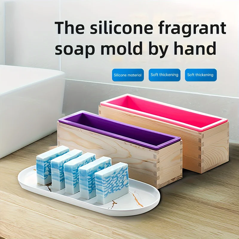 Rectangle Handmade Soap Mold Rectangular Soap Mold Kit with Cutter - 42 Ounce Flexible Silicone Soap Mold，With wooden box、Stainl