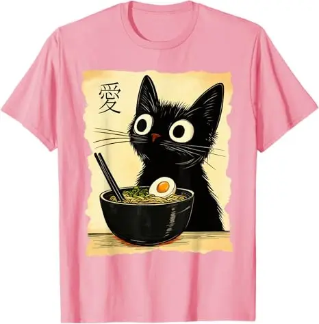 Lustiges Katzen-Ramen-Grafik-T-Shirt, japanisches Kawaii-Anime-Katzen-T-Shirt, süßes Kitty-Liebhaber-Comics-Grafik-Outfit, kurzärmelige Blusen, Geschenke