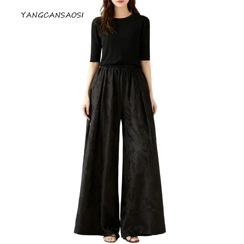 

2025 Women's Fashion Early Autumn Clothing 100% Natural Mulberry Silk Jacquard Satin Black High Waist Loose Wide Leg Pants