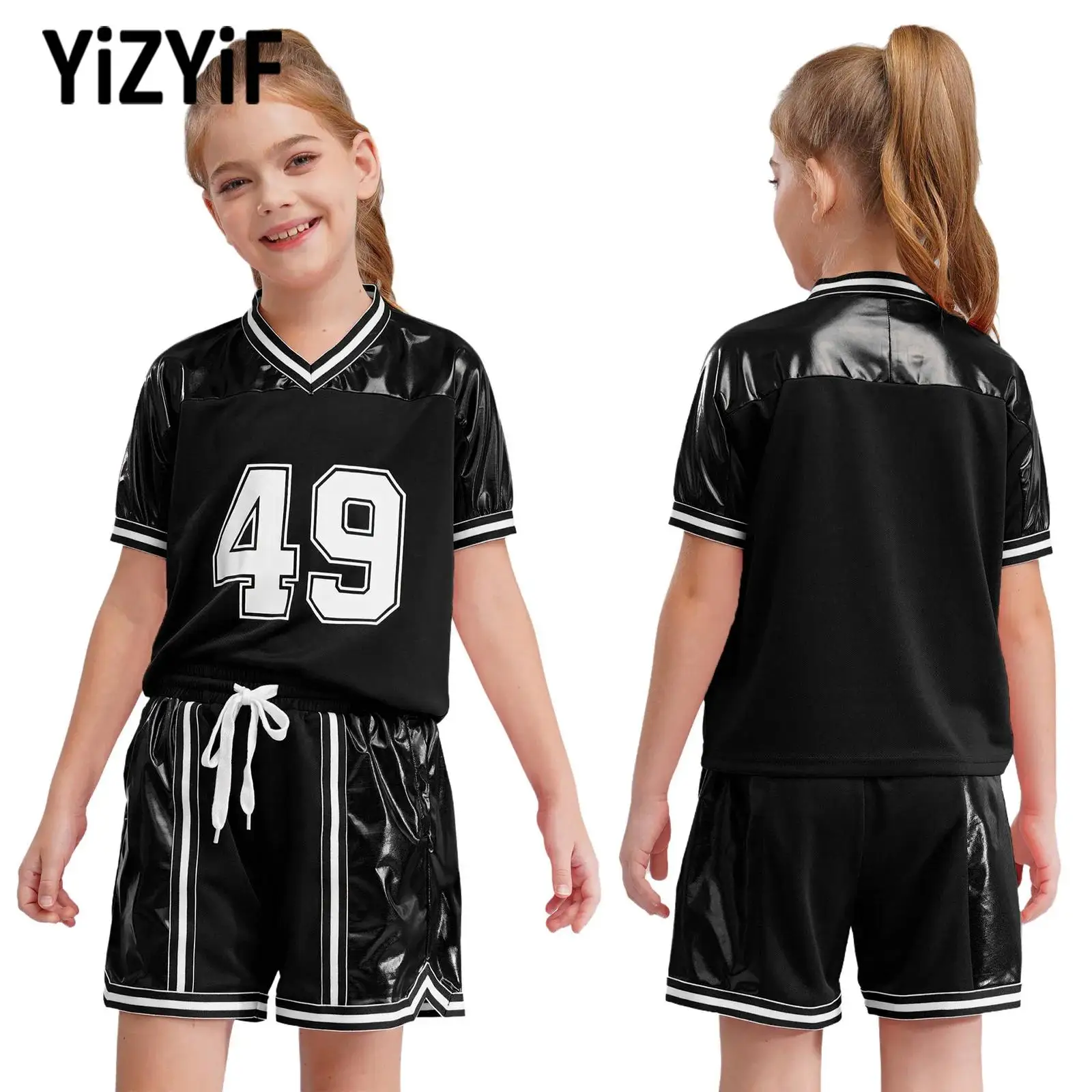 New Children Girls Fashion Metallic Sports Set Tracksuit Short Sleeve T-shirt with Shorts Outfits Jazz Dance Cheerleading Suit