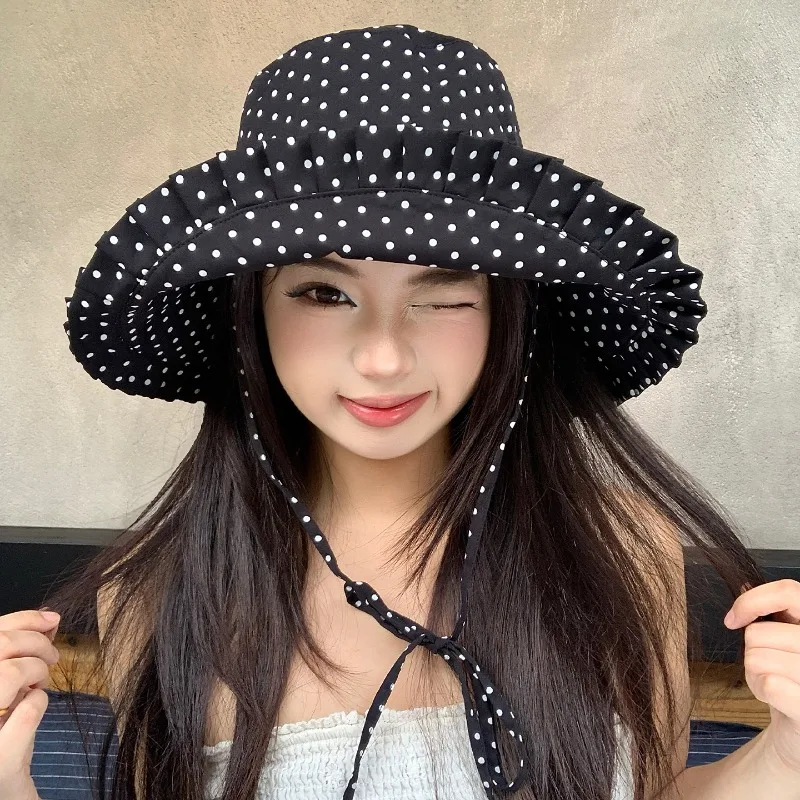 

Korean Polka Dot Large Brim Pleated Bucket Hat Women's Summer Outdoor Vacation Shade Foldable Versatile Lace-up Sun Caps