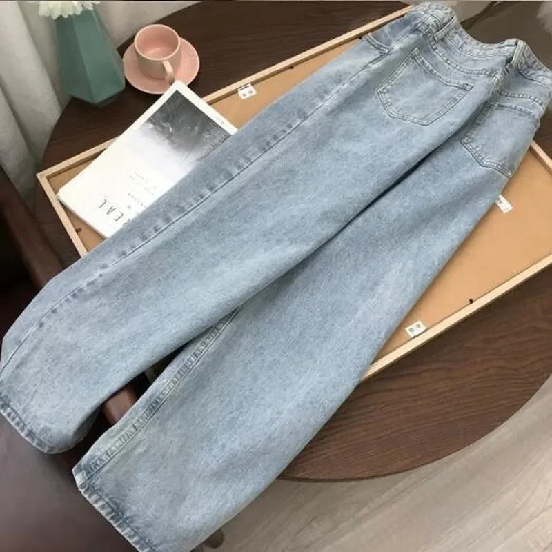 2024 Autumn Light Blue Denim Vintage Casual Loose Wide Leg Pants Women Korean Straight Long Pants Trousers High Waist with Belt