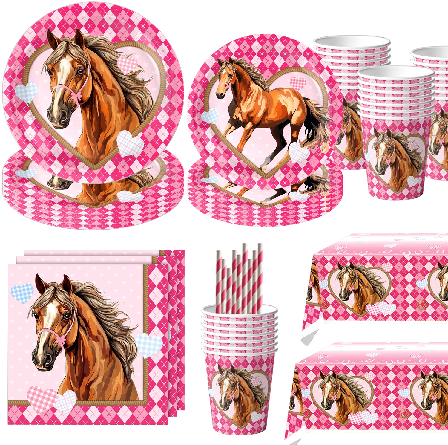 

Pink Fine Horse Birthday Decoration Disposable Latex Ballons Cake Toppers Happy Birthday Banner Girls Kids Event Supplies Toy