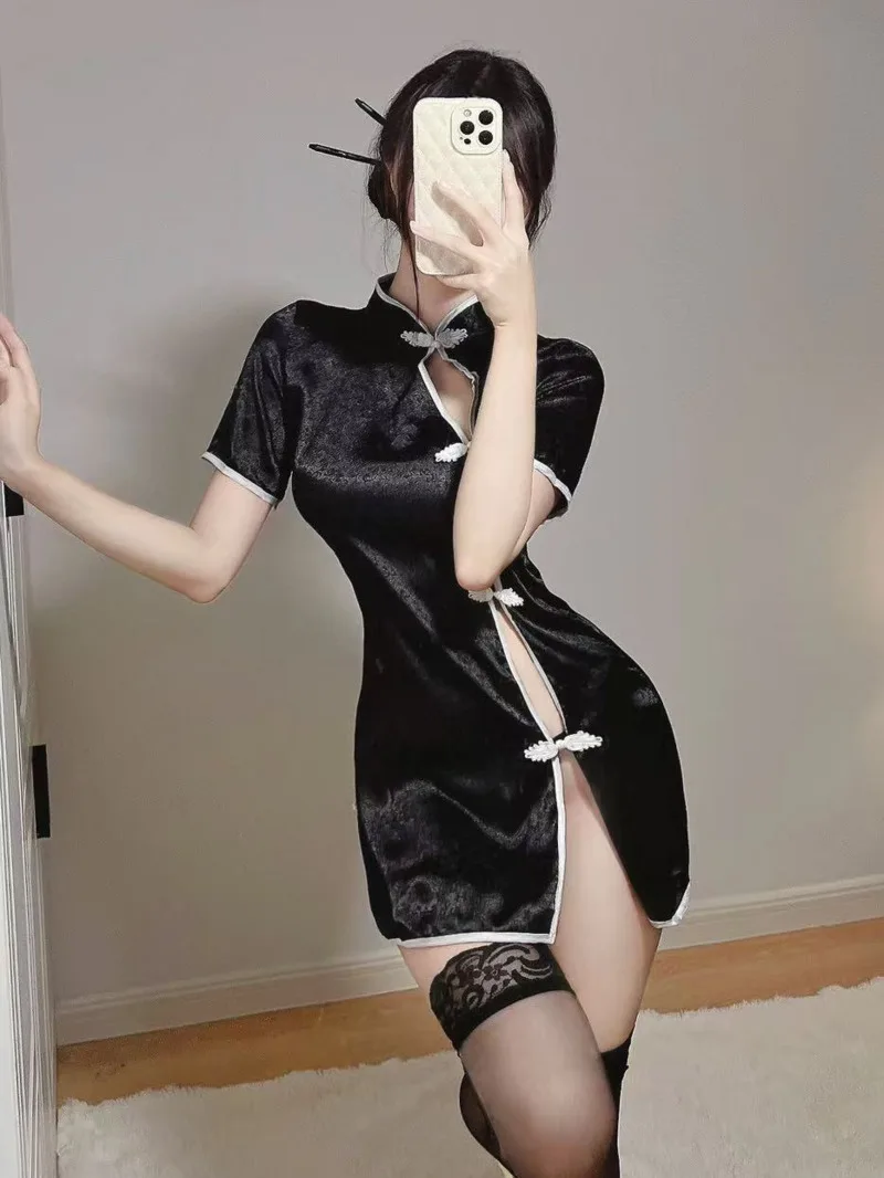 Pure Desire Style Sexy Republic Of China Style Uniform Passion Side Slit Hot Free-Remove Cheongsam Solid Color Dress Casaul 2536